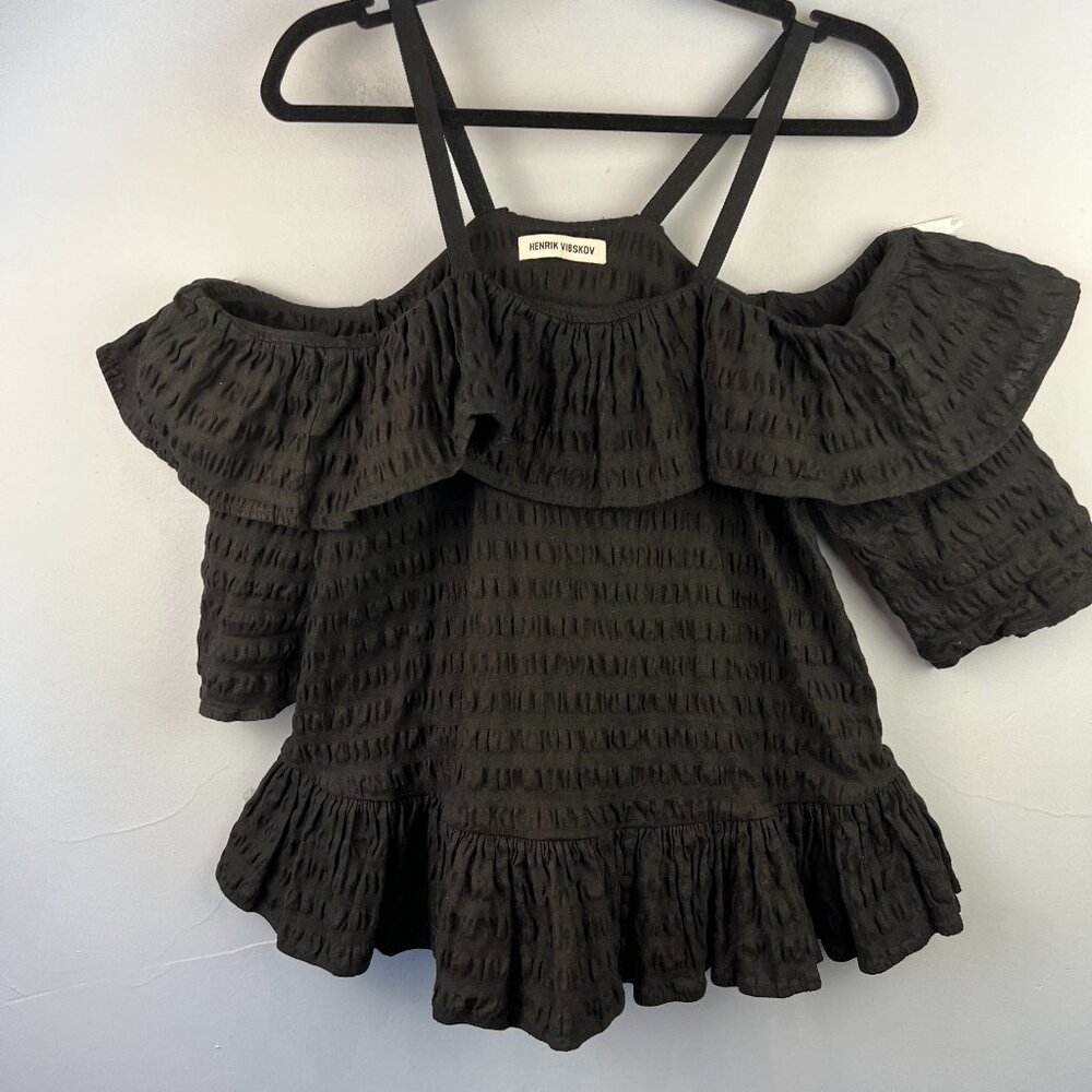Henrik Vibskov Black Cold Shoulder Ruffle Blouse Textured Linen/Cotton Blend‎